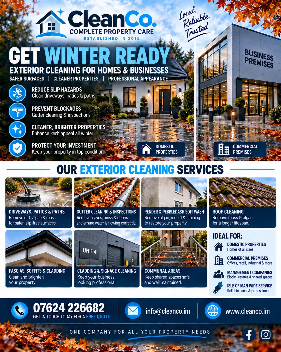 CleanCo winter offer: exterior cleaning for homes and businesses including driveways, gutter cleaning, render softwash, roof cleaning and cladding