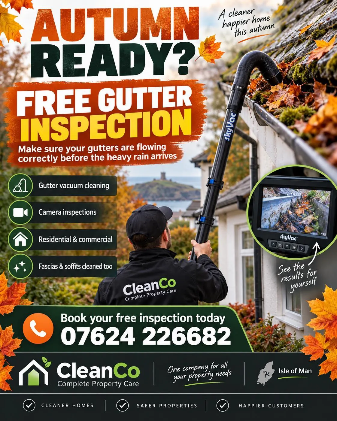 CleanCo autumn offer: free gutter inspection with gutter vacuum cleaning, camera inspections and fascia and soffit cleaning